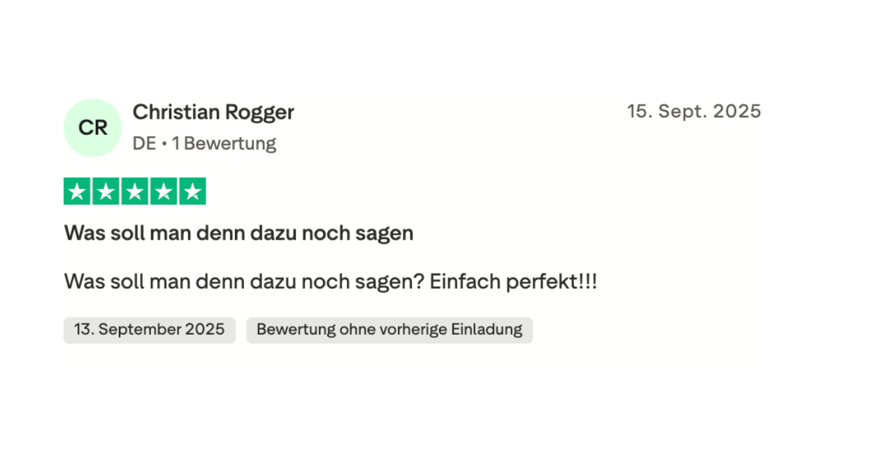 A five-star review in German with a highlighted date, 15. Sept. 2025.