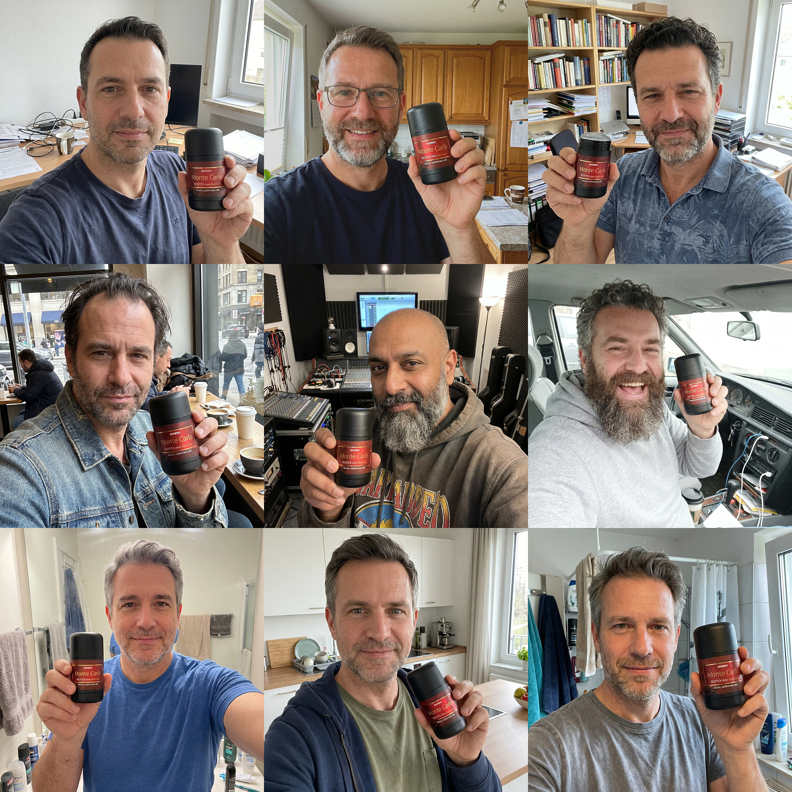 A photo collage of nine different men, each holding up a container of Monte Carlo deodorant.