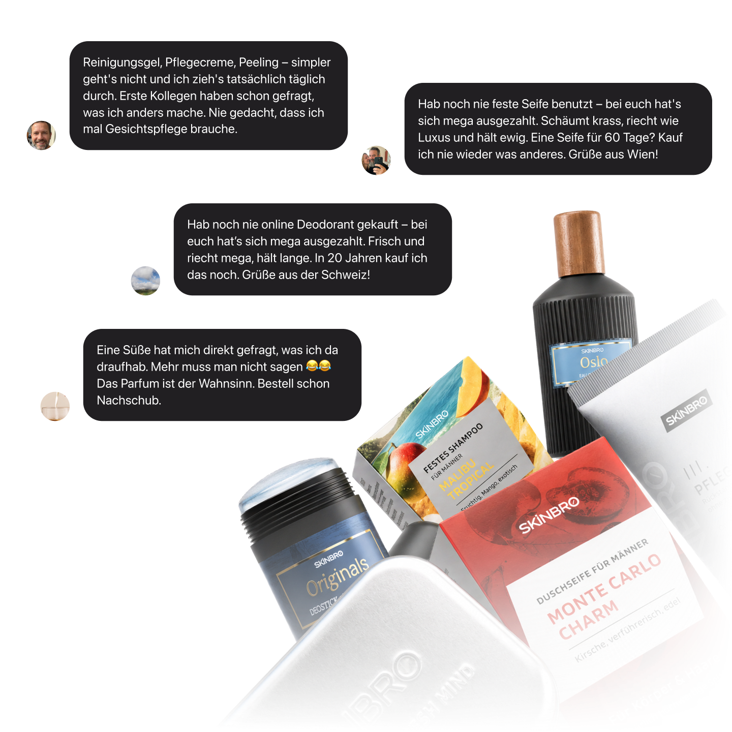 An assortment of men's grooming products with German customer testimonials displayed in the background.