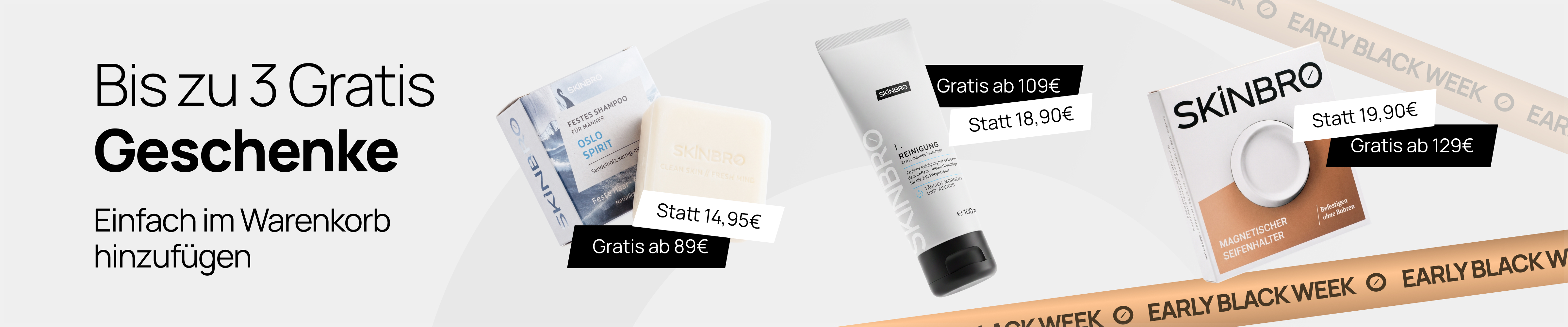 A promotional banner in German for an Early Black Week sale showing different free gift products.