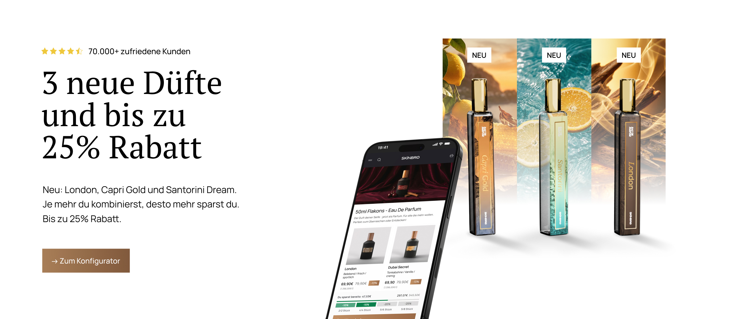 A promotional image in German for three new perfumes, showing the bottles and a smartphone with the webshop.