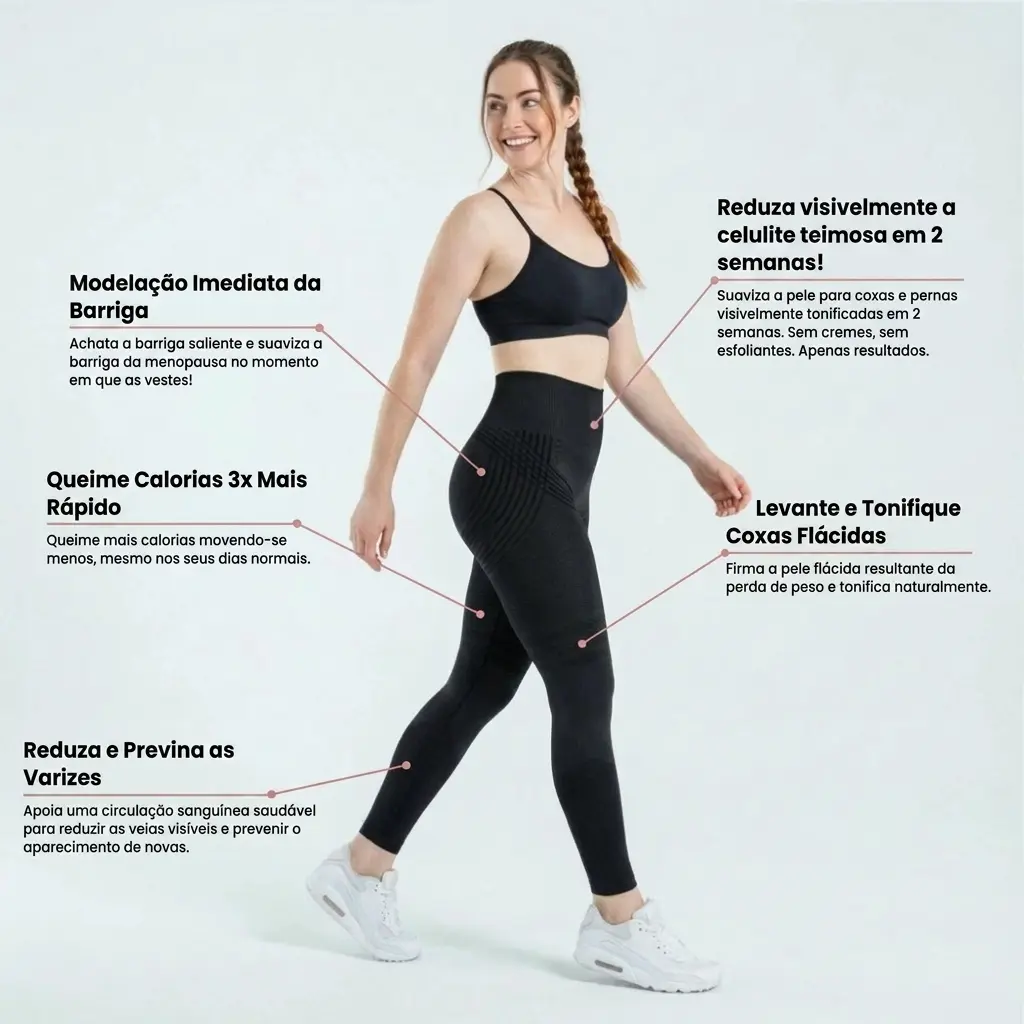 A woman models black activewear, with Portuguese text callouts describing the benefits of the clothing.