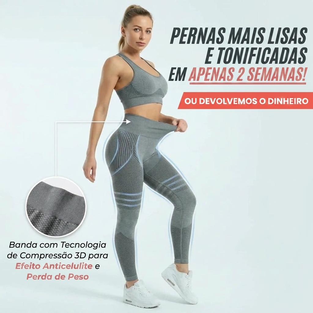 A woman in grey athletic wear poses for an advertisement with text in Portuguese and graphic callouts.