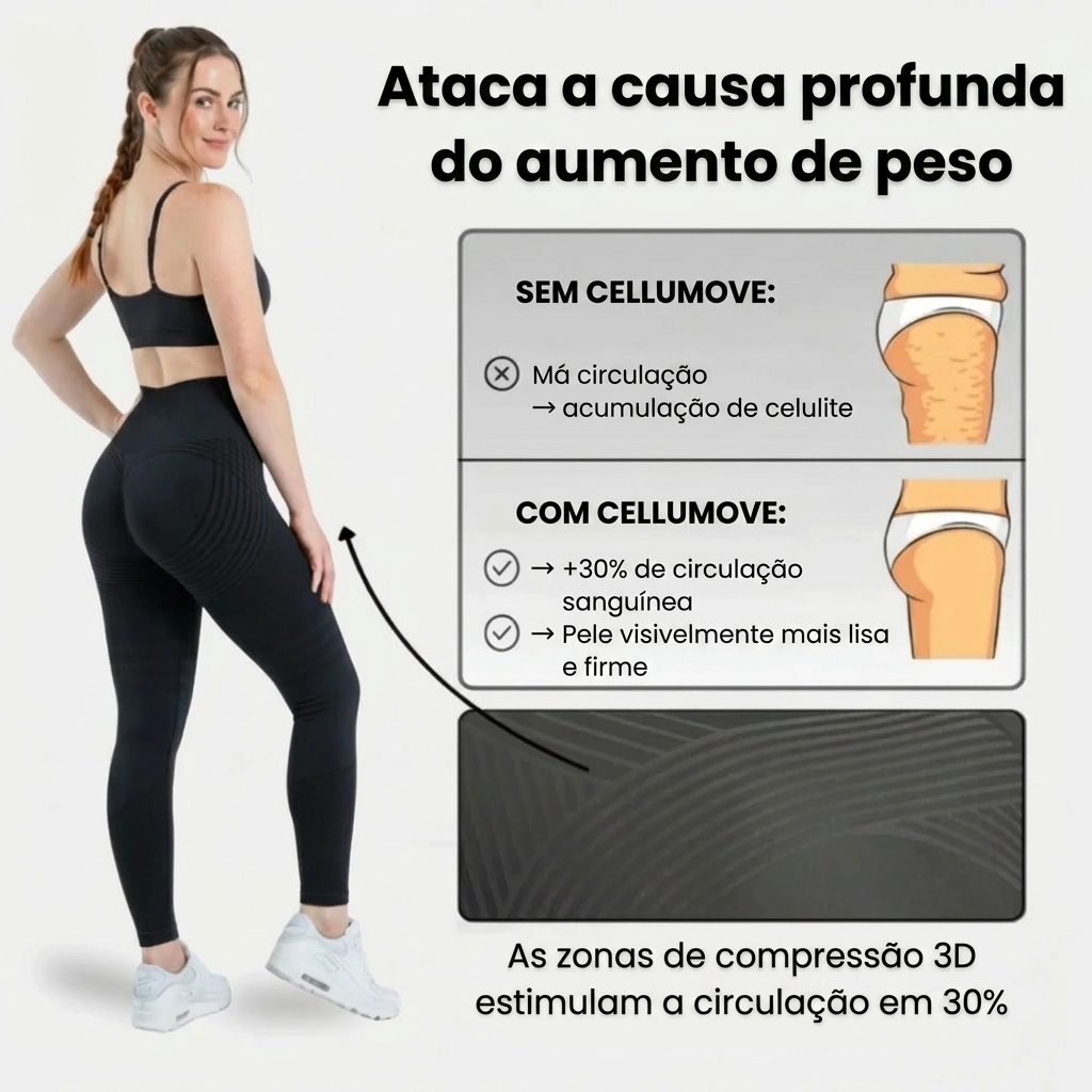 An advertisement in Portuguese showing a woman in leggings with diagrams about cellulite reduction.