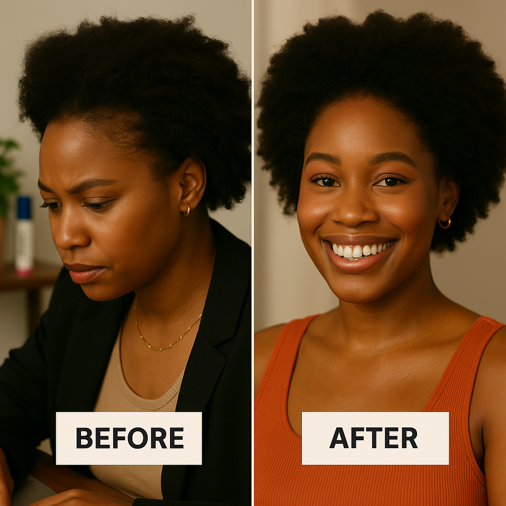 Side-by-side comparison of a woman before and after, showing a change in expression.