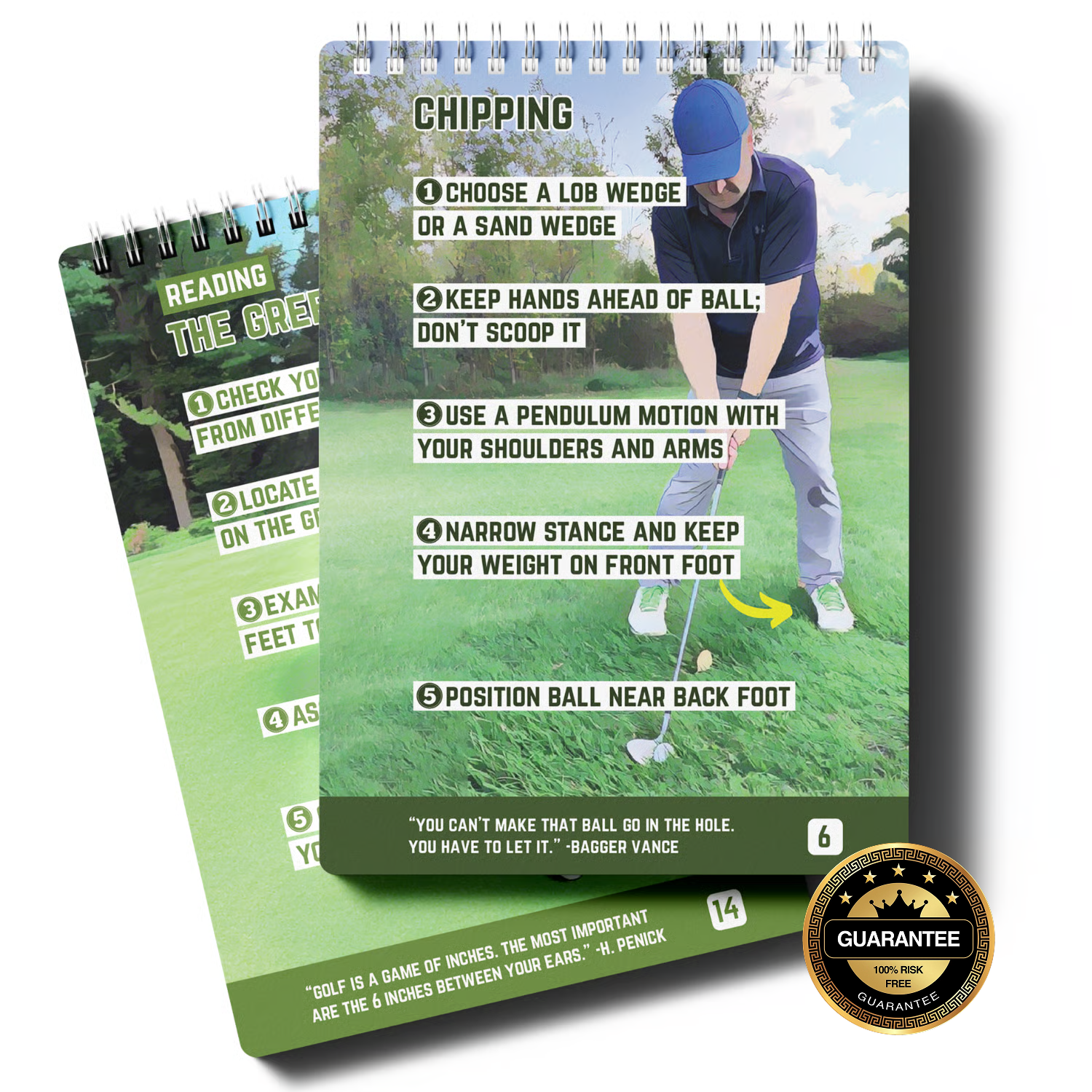 Golf instruction cards with chipping tips and a guarantee badge.