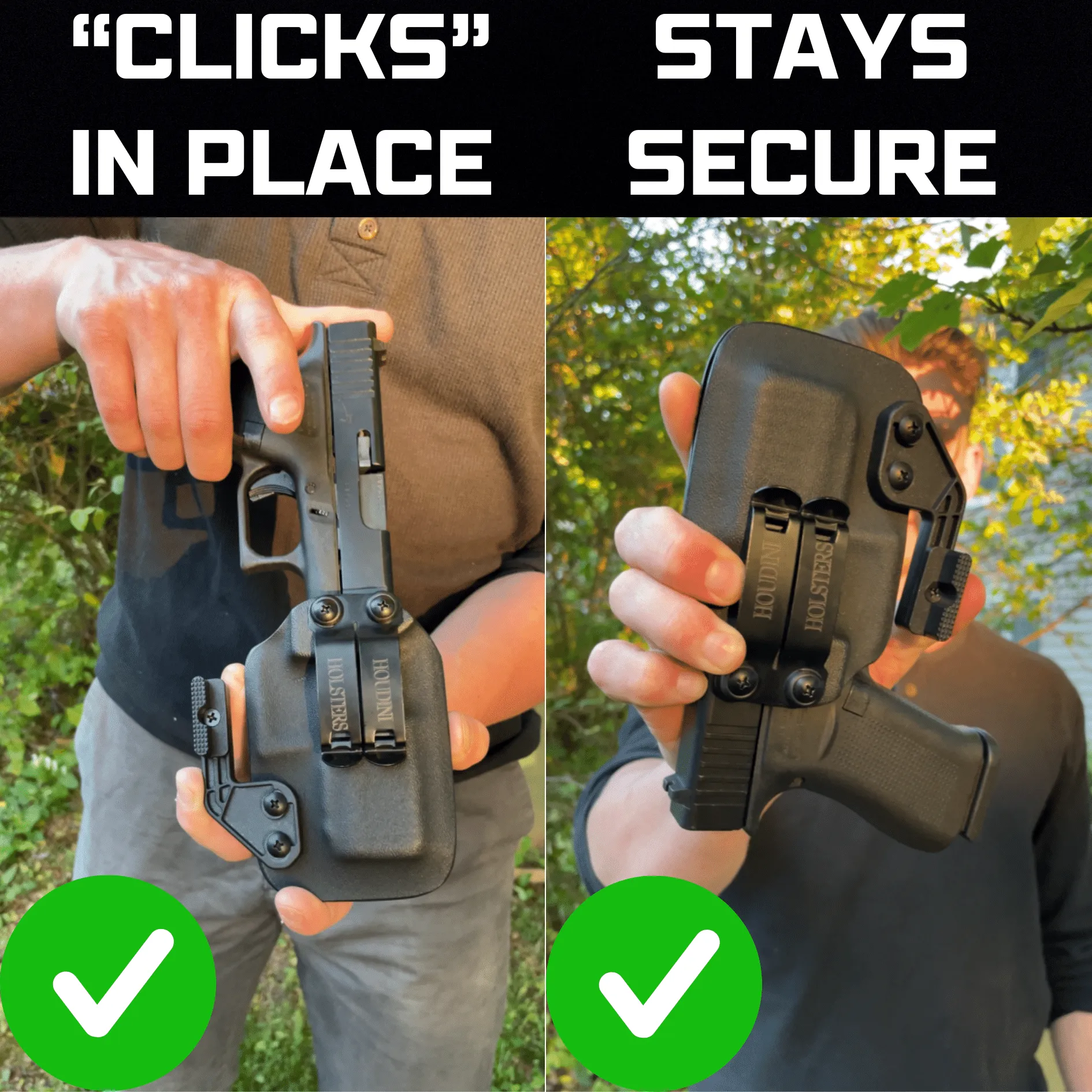 Two images of a person holding a holstered gun with text and check marks.