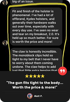 Screenshot of a positive review about a holster with a five-star rating.