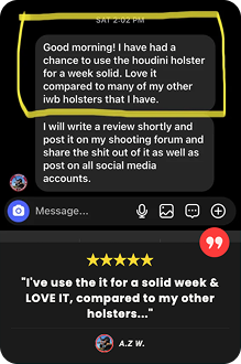 Screenshot of a text message praising a holster, with a five-star review below.