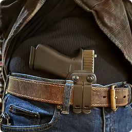 A handgun holstered inside the waistband of a person's jeans.