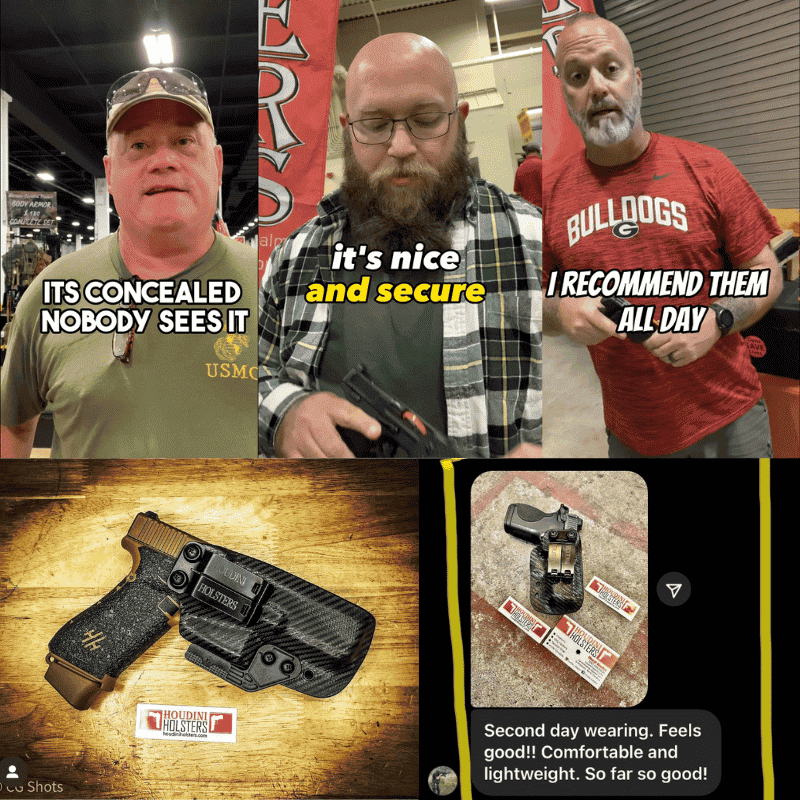 Collage of three men with text, a holster, and a phone screenshot with a holster review.