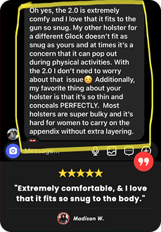 Text review of a holster with a five-star rating and user testimonial.