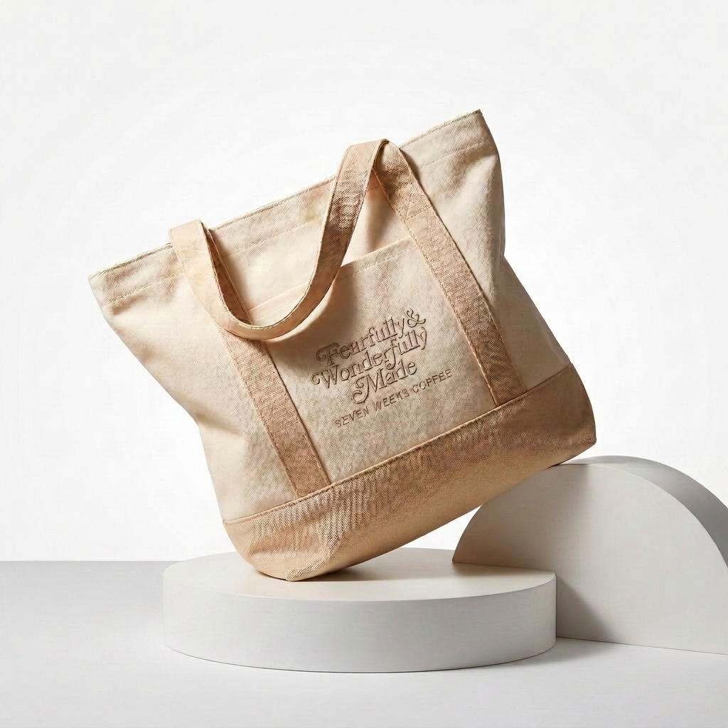 A beige canvas tote bag with embroidered text that reads 'Fearfully & Wonderfully Made' on a white pedestal.