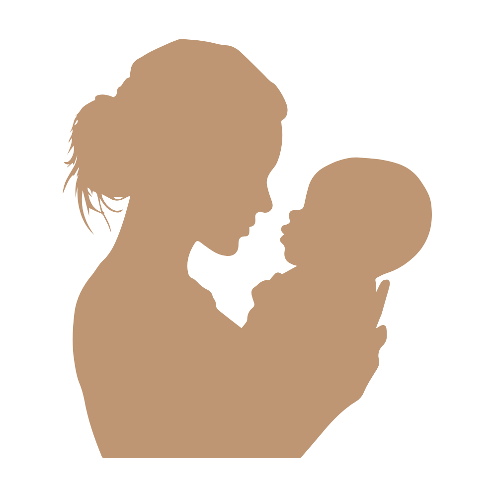 A beige silhouette of a woman holding a baby, looking at each other.