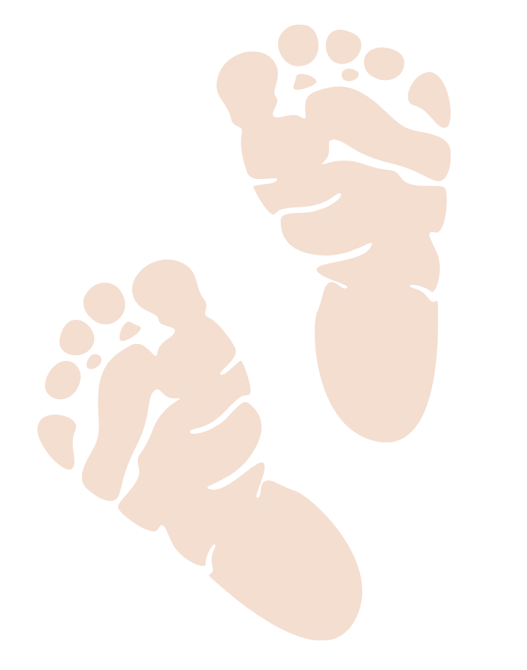 A stylized illustration of a pair of light pink baby footprints.