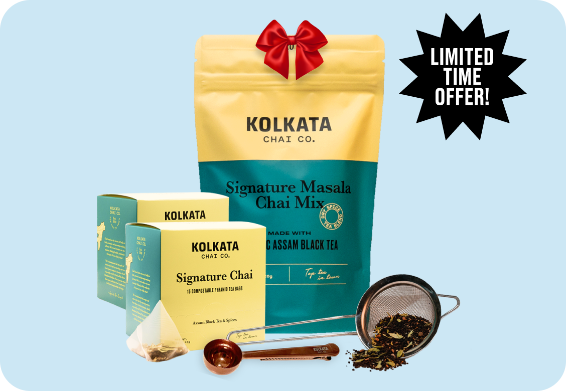 Kolkata Chai Co. products with limited time offer, tea mix, boxes, sieve, scoop, blue background.
