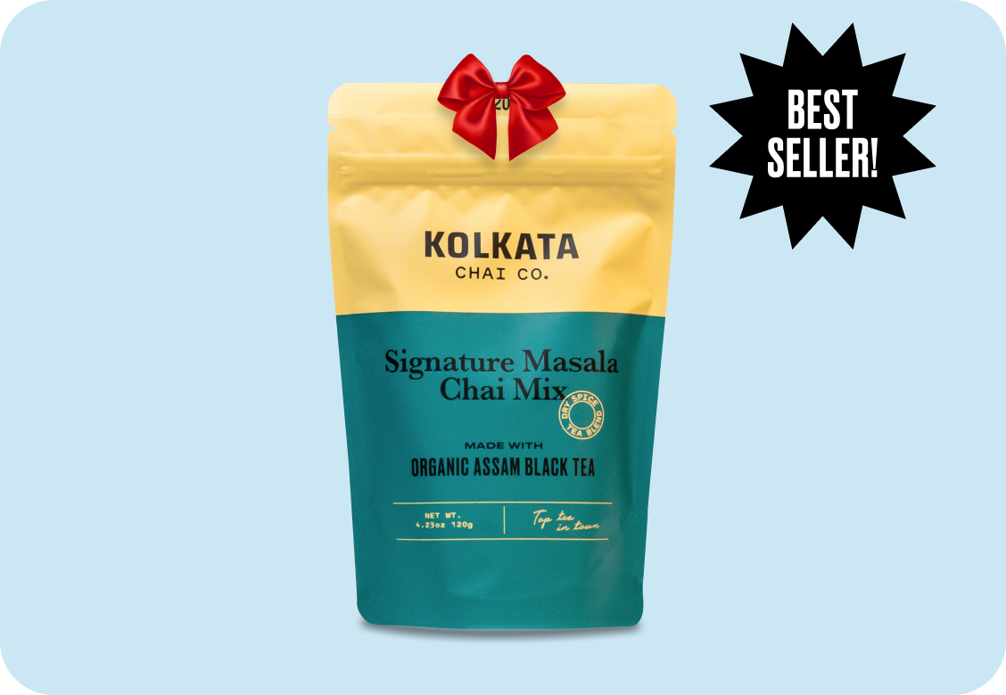 Kolkata Chai Co. masala chai mix package with 'Best Seller' label and red bow.