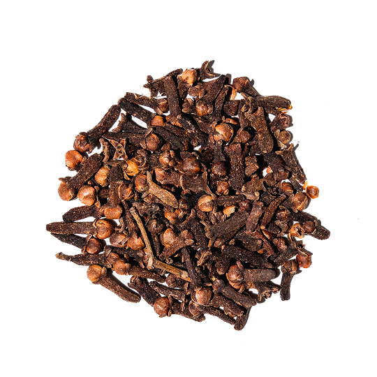 A circular pile of dried whole cloves isolated on a white background.