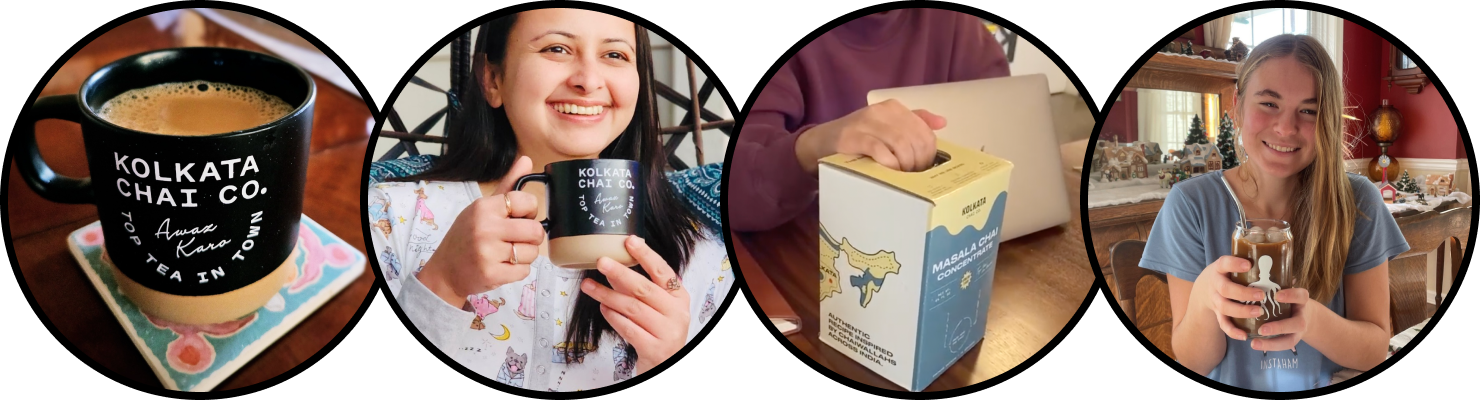 People enjoying Kolkata Chai with branded mugs and a box of masala chai concentrate.