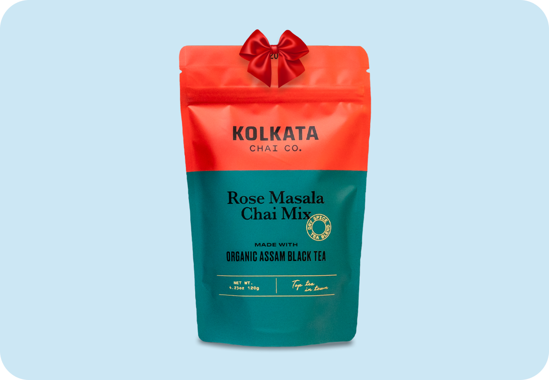 Kolkata Chai Co. Rose Masala Chai Mix package on a blue background.