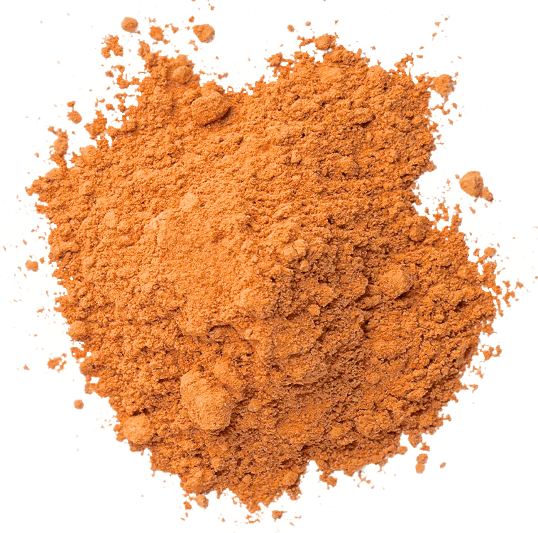 A close-up, top-down shot of a pile of crumbly orange powder on a white background.