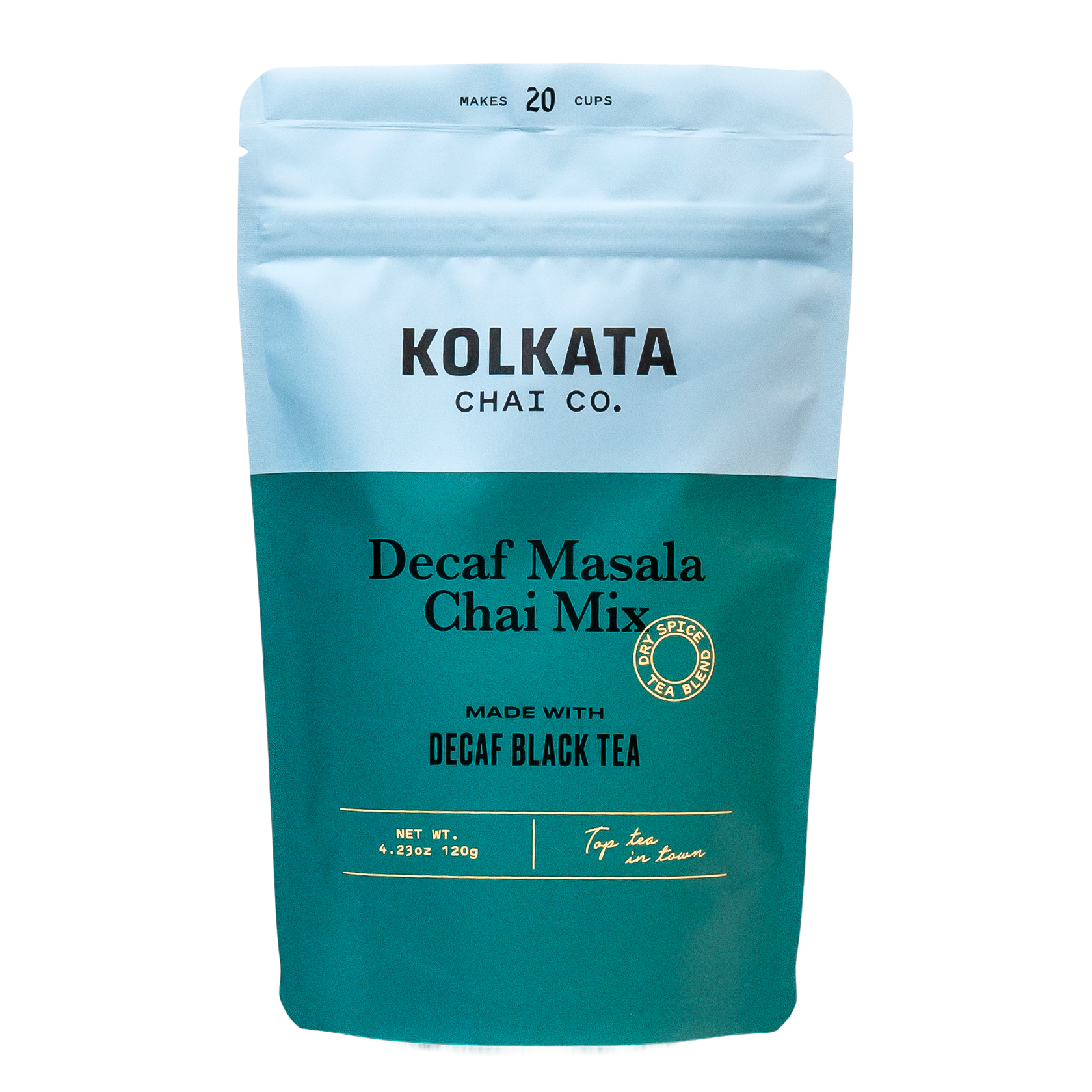 A pouch of Kolkata Chai Co. Decaf Masala Chai Mix against a plain white background.