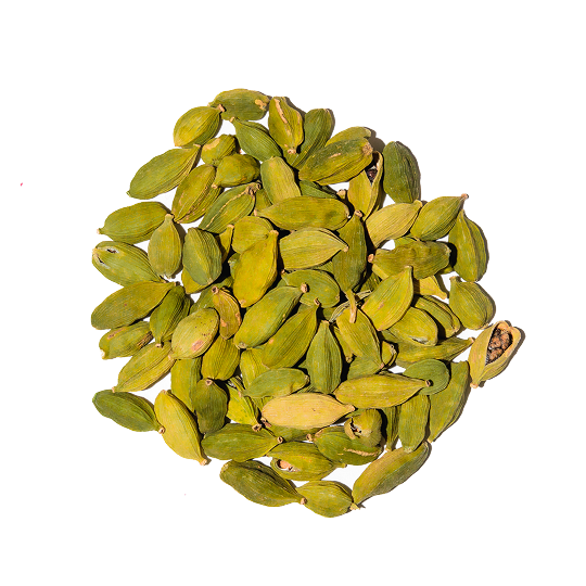 An overhead shot of a pile of green cardamom pods on a white background.