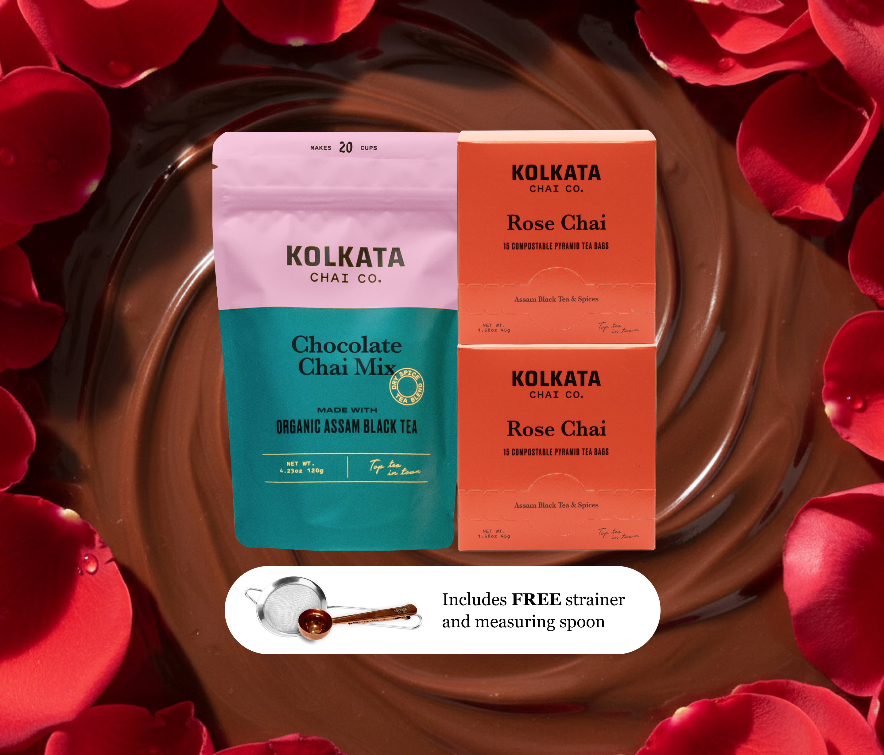 Kolkata Chai Co. tea products on a background of melted chocolate and red rose petals.