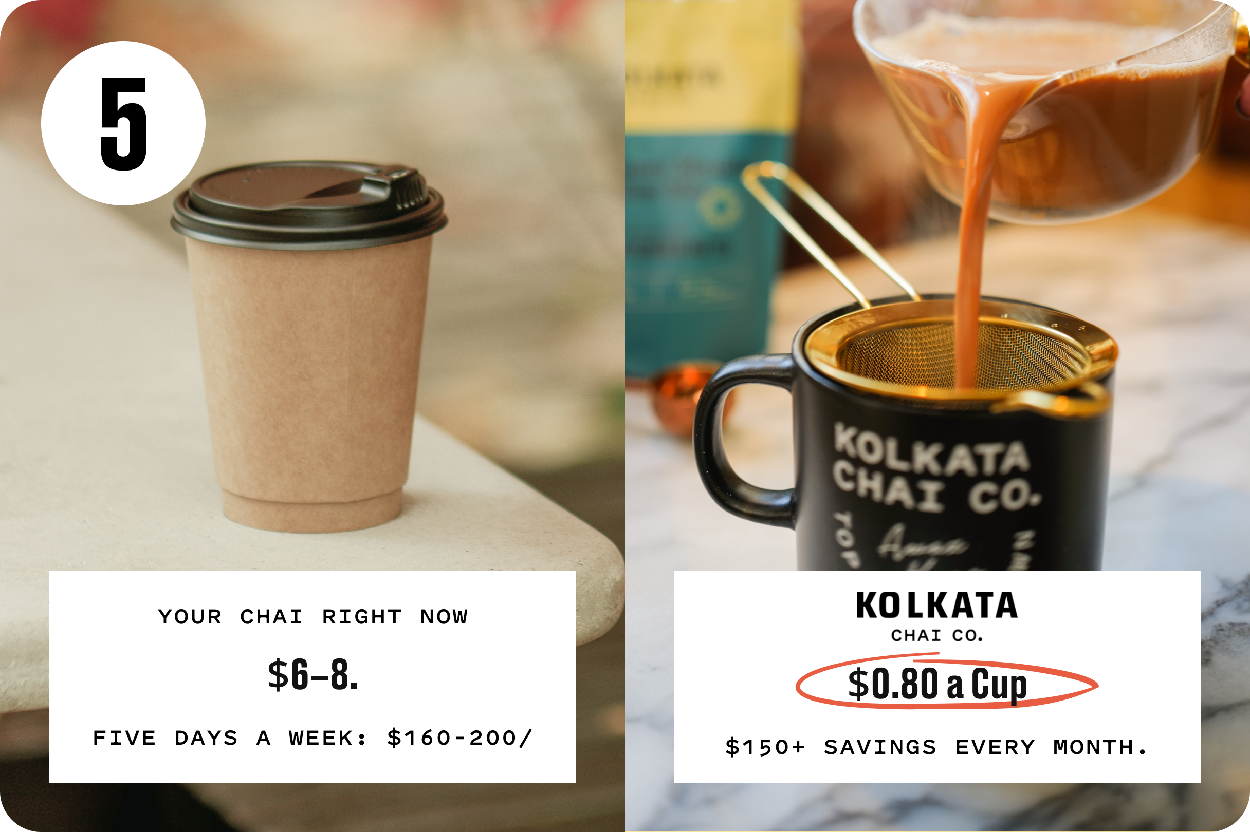A split image comparing a disposable chai cup with chai being poured into a Kolkata Chai Co. mug.