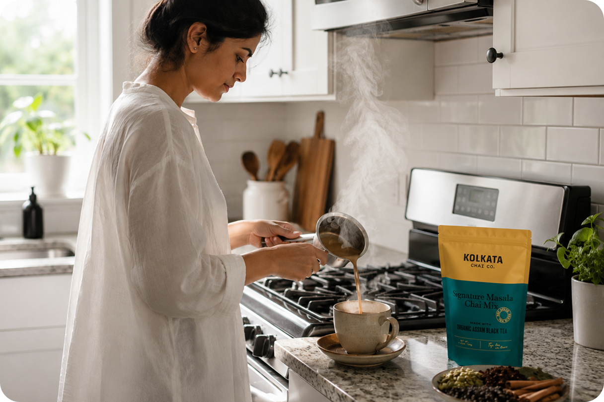 A woman in a kitchen pours steaming chai from a pot into a cup next to a bag of tea.