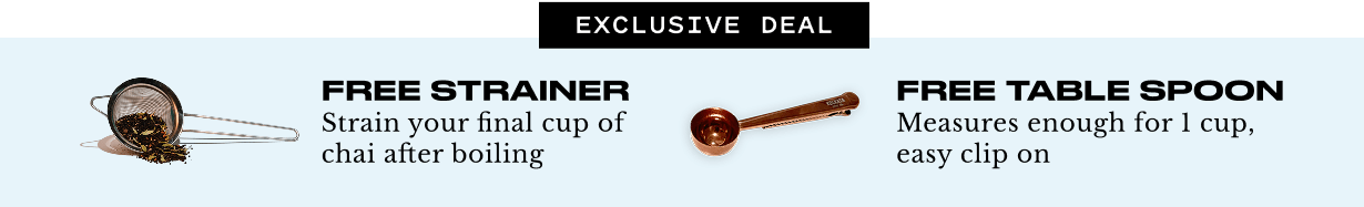 Image of a strainer and tablespoon with text about an exclusive deal.