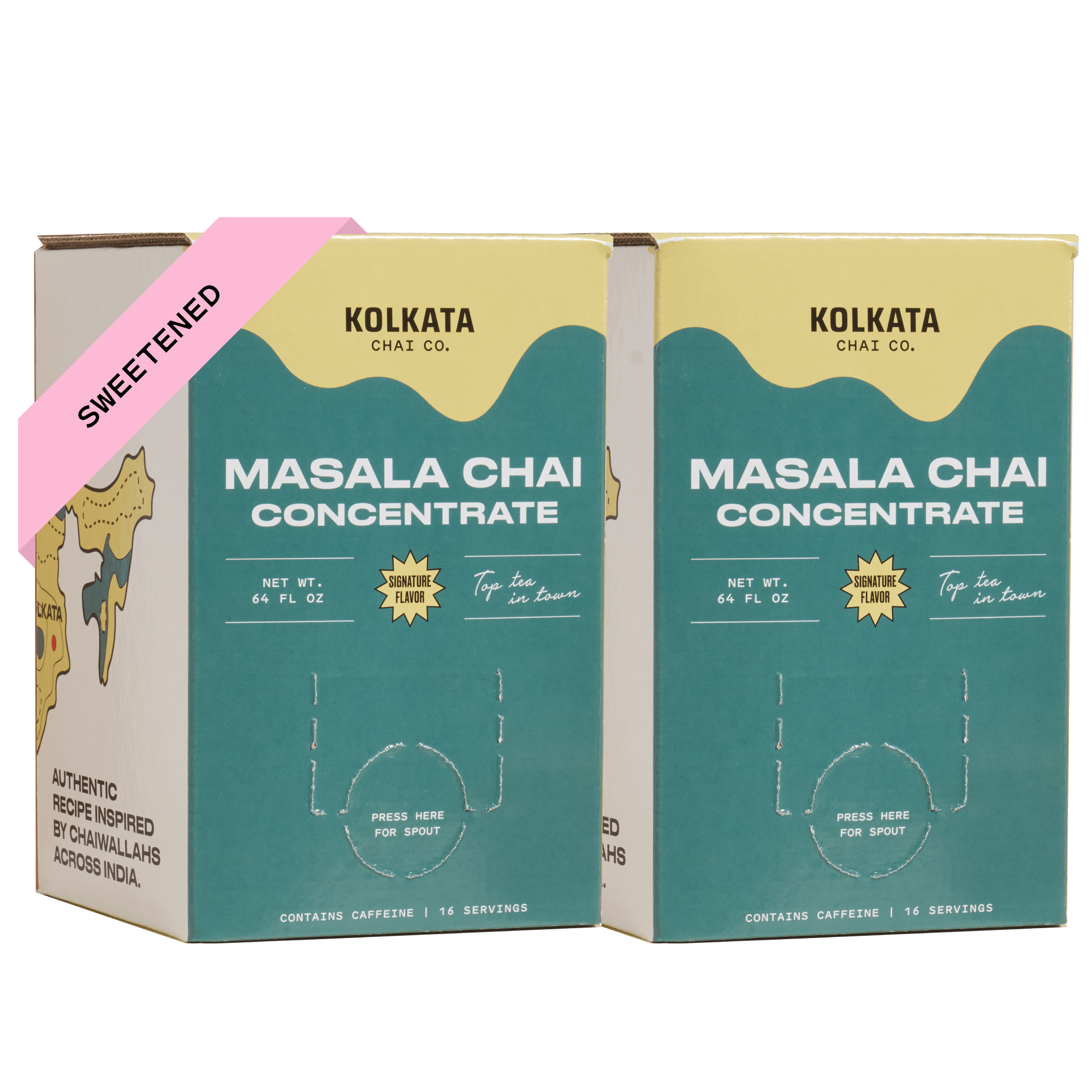 Two pouches of Kolkata Chai Co. Signature Masala Chai Mix with a tea strainer and measuring spoon.