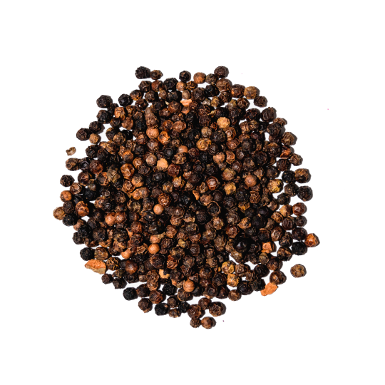 A circular pile of whole black peppercorns viewed from above on a white background.