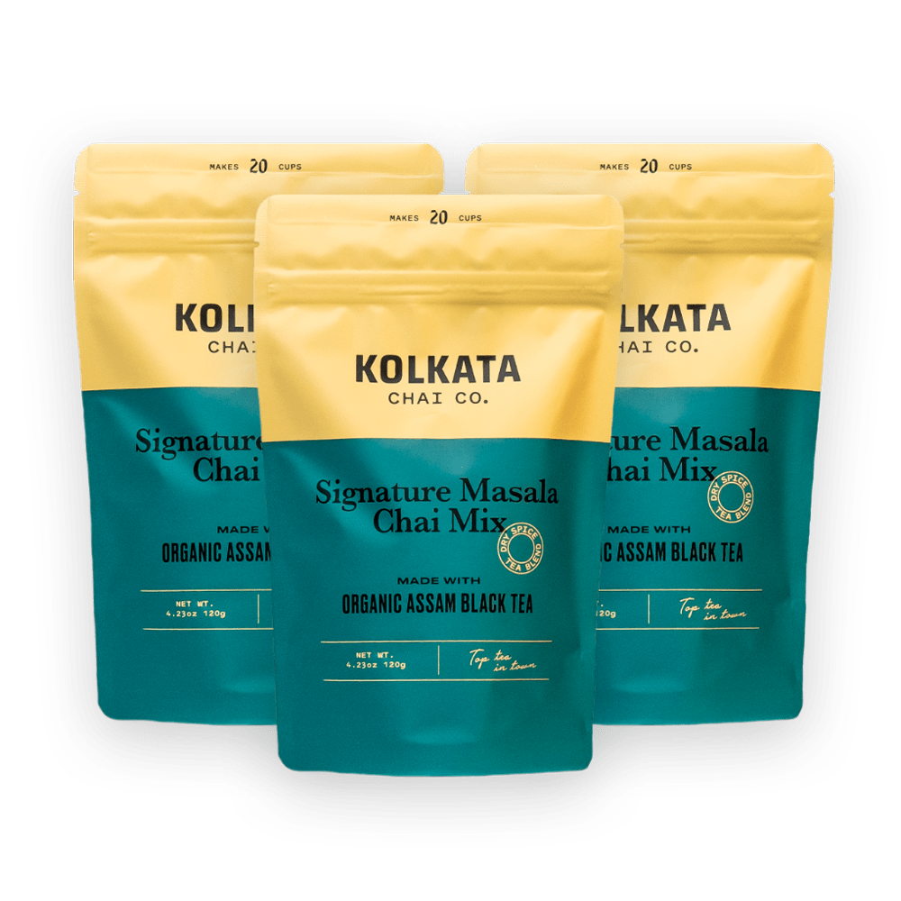 Three bags of Kolkata Chai Co. Signature Masala Chai Mix.