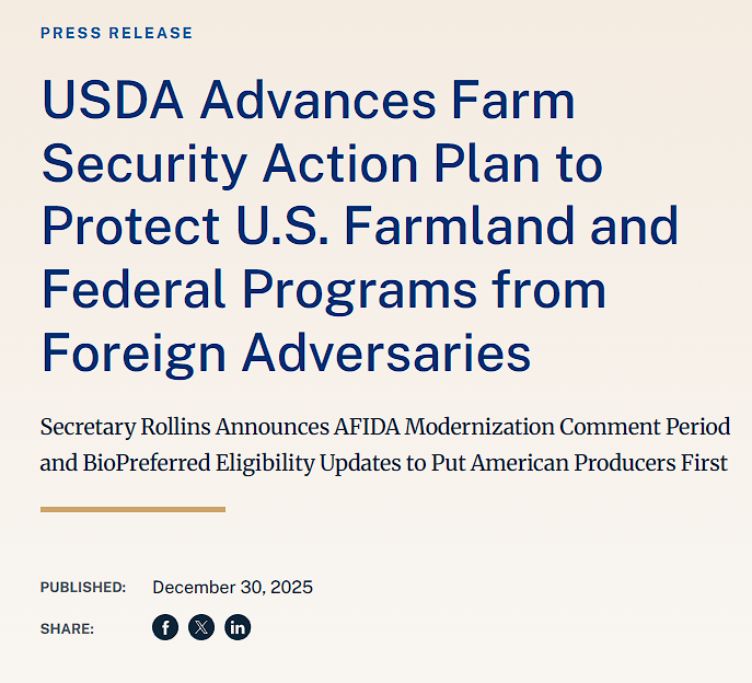 Screenshot of a USDA press release about protecting U.S. farmland and federal programs from foreign adversaries.