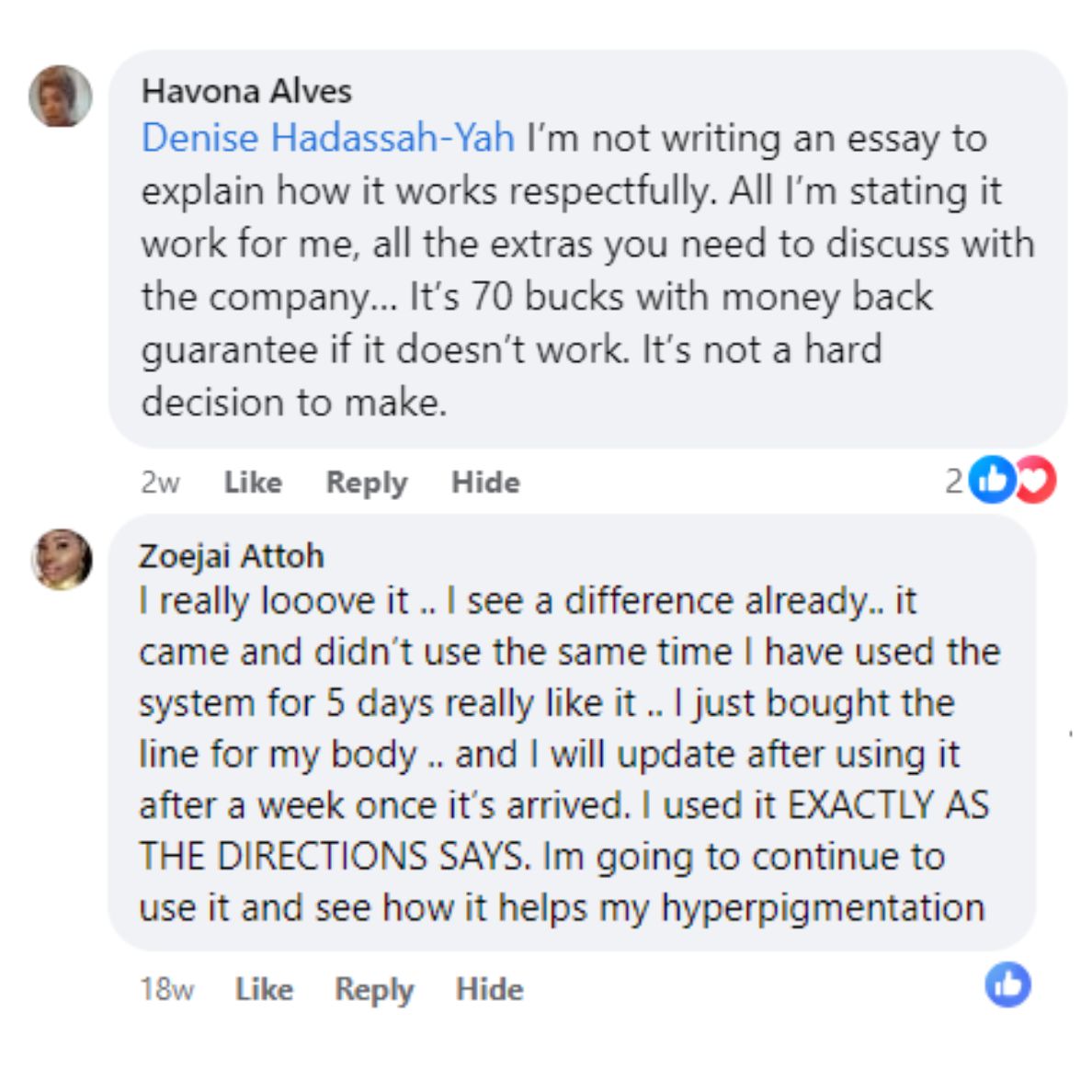 Two Facebook comments discussing a product with positive feedback.