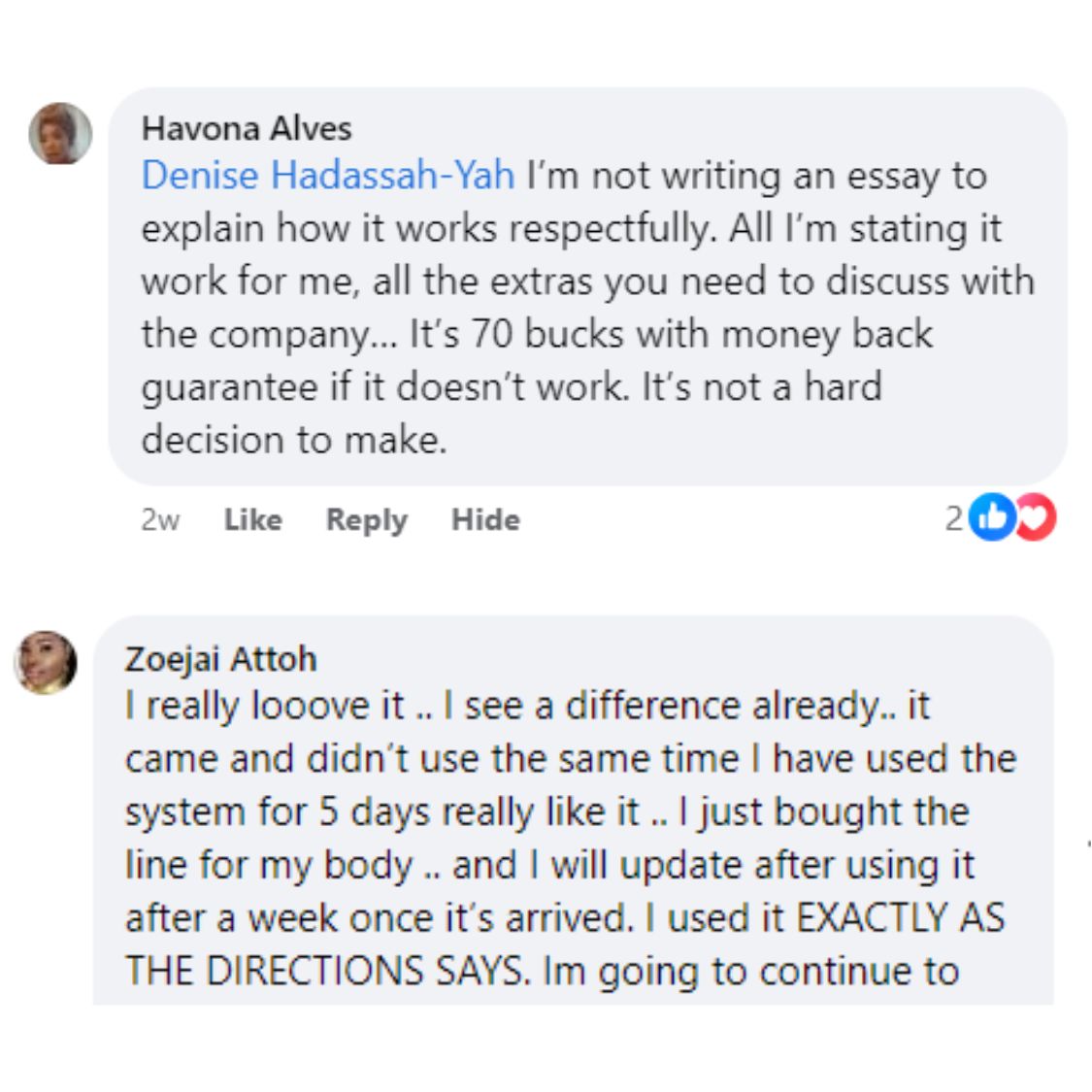 Screenshot of two social media comments discussing a product's effectiveness.