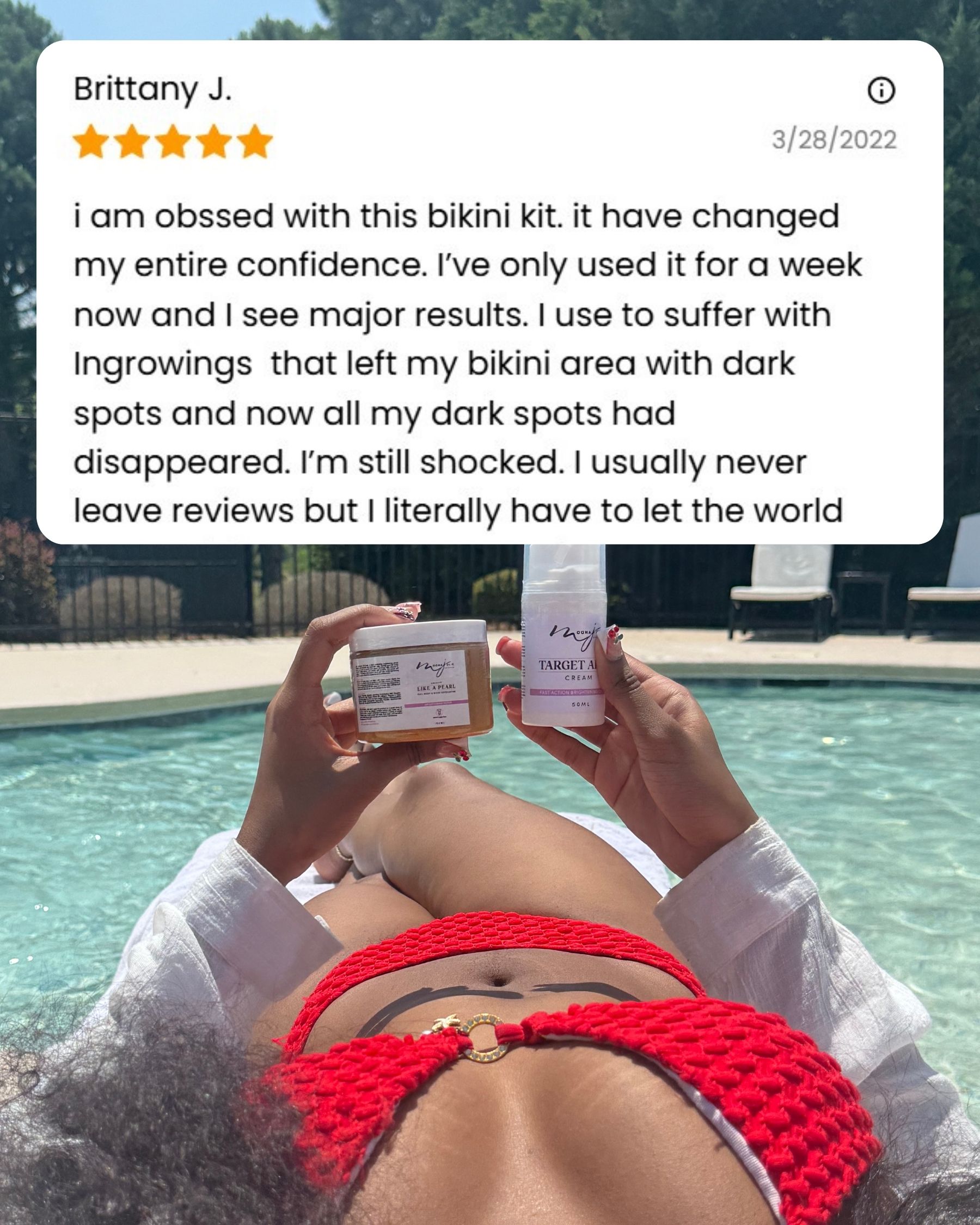 Person in red bikini holding skincare products by a pool, with a review overlay.