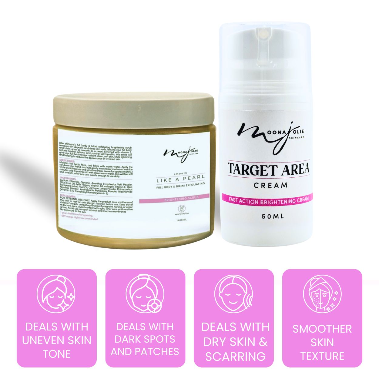 Two skincare products with benefits for uneven skin tone, dark spots, dry skin, and smoother texture.