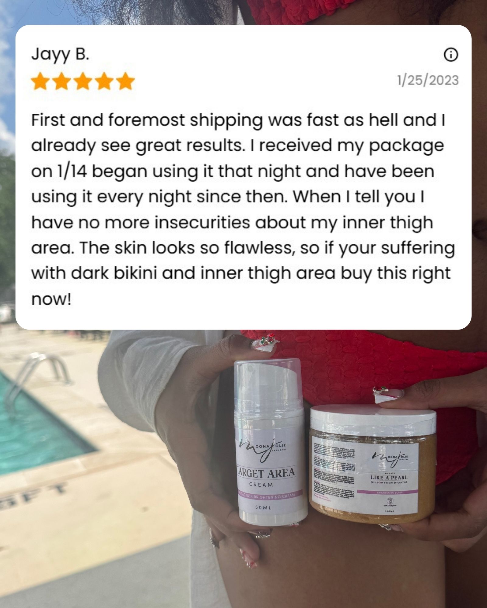 Person holding skincare products with a review overlay.