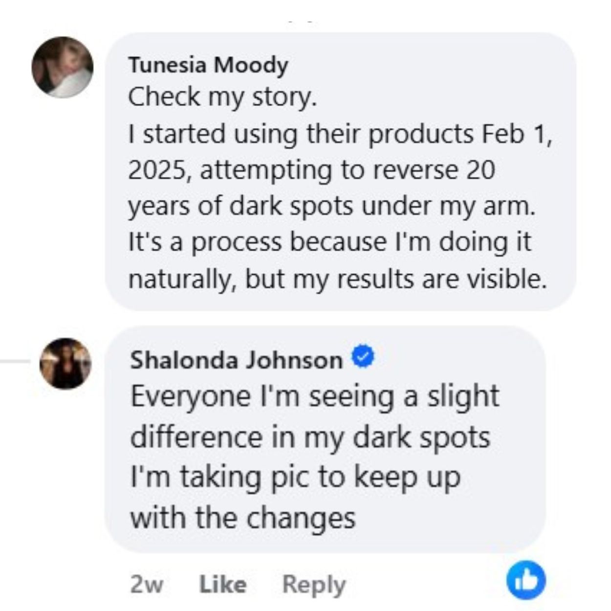 Two social media comments discussing dark spot treatment results.