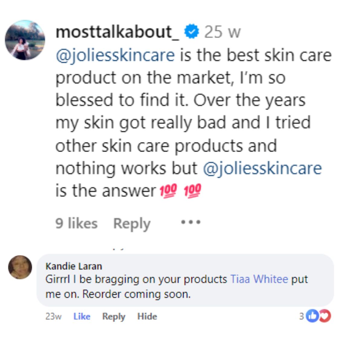 Social media post praising skincare product with comments and likes.