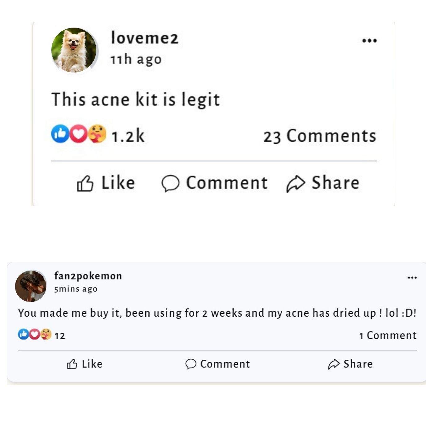 Two social media posts praising an acne kit with likes and comments.