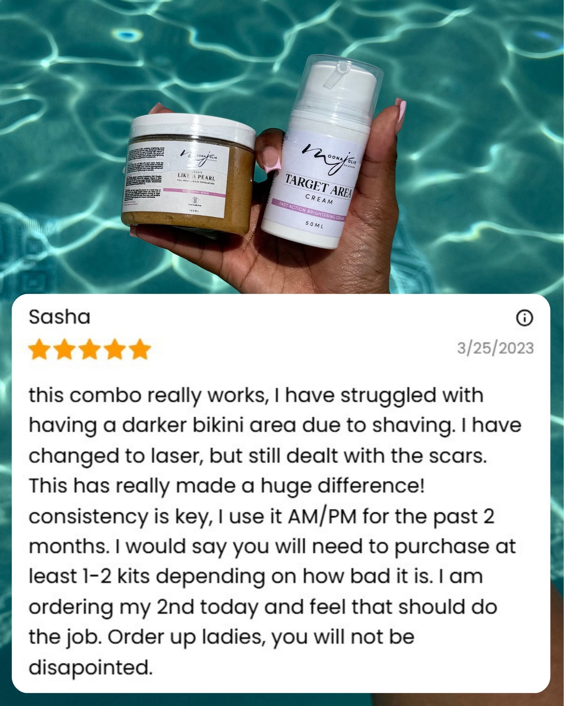 Hand holding two skincare products with a pool background and a review text overlay.