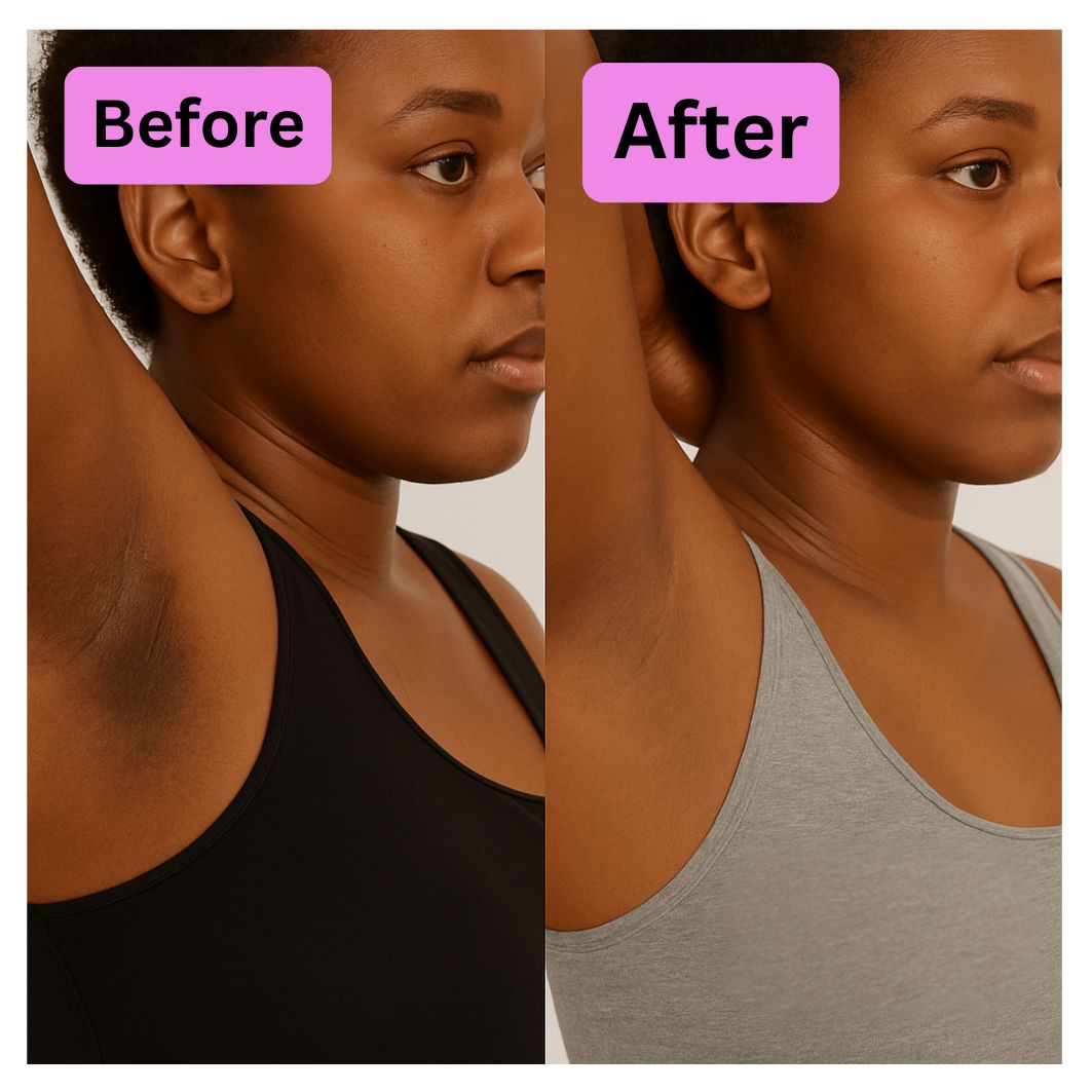 Side-by-side comparison of a woman's underarm before and after treatment.