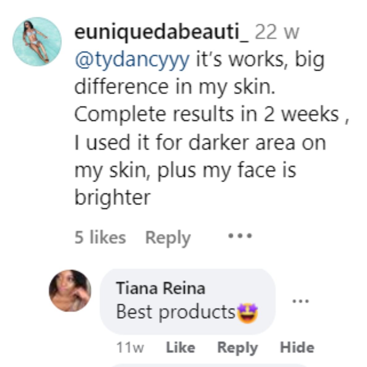 Social media post praising skincare product with comments and likes.