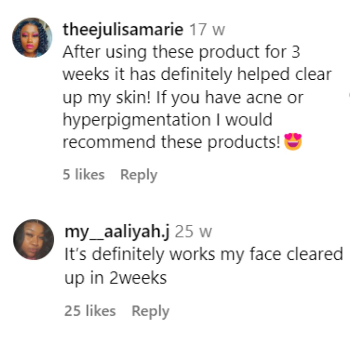 Two social media comments praising skincare products for clearing skin.