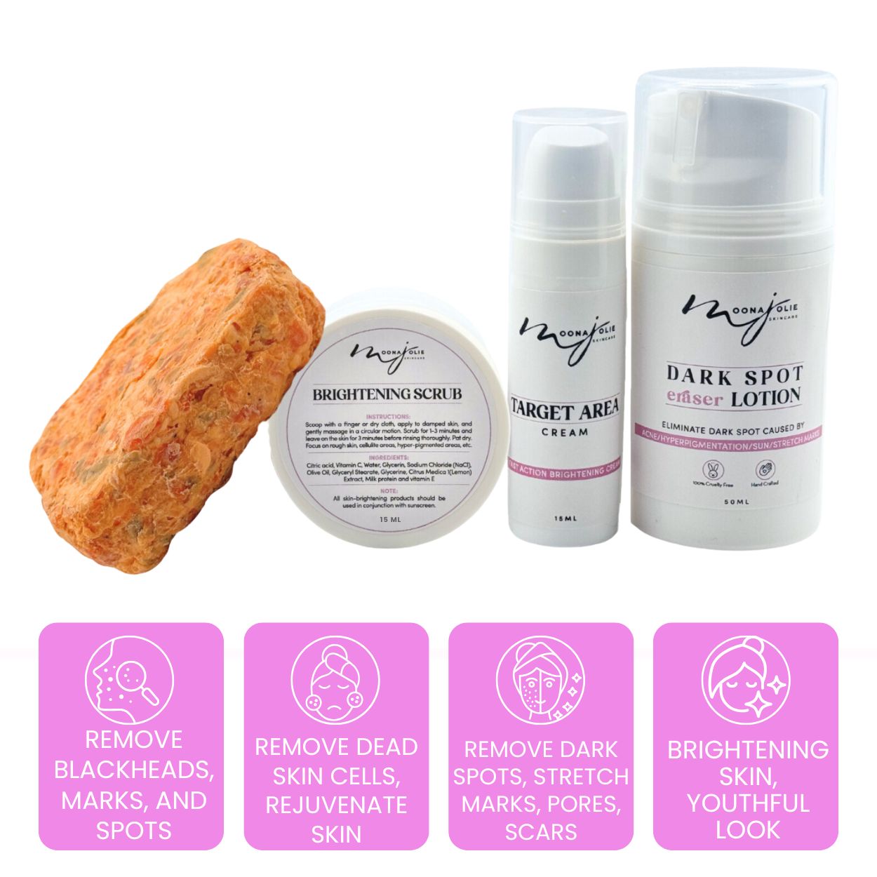 Skincare products including soap, brightening scrub, cream, and lotion with benefits listed below.