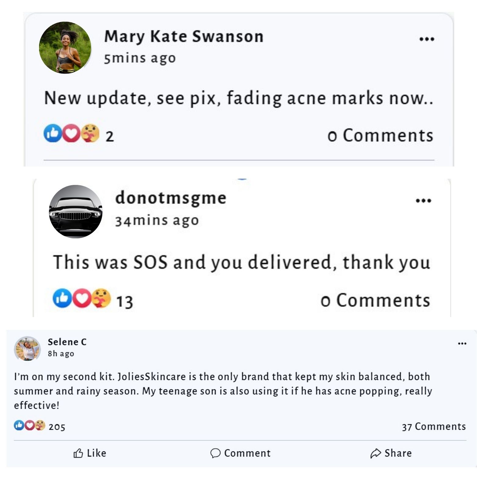 Three social media posts praising skincare products with likes and comments.