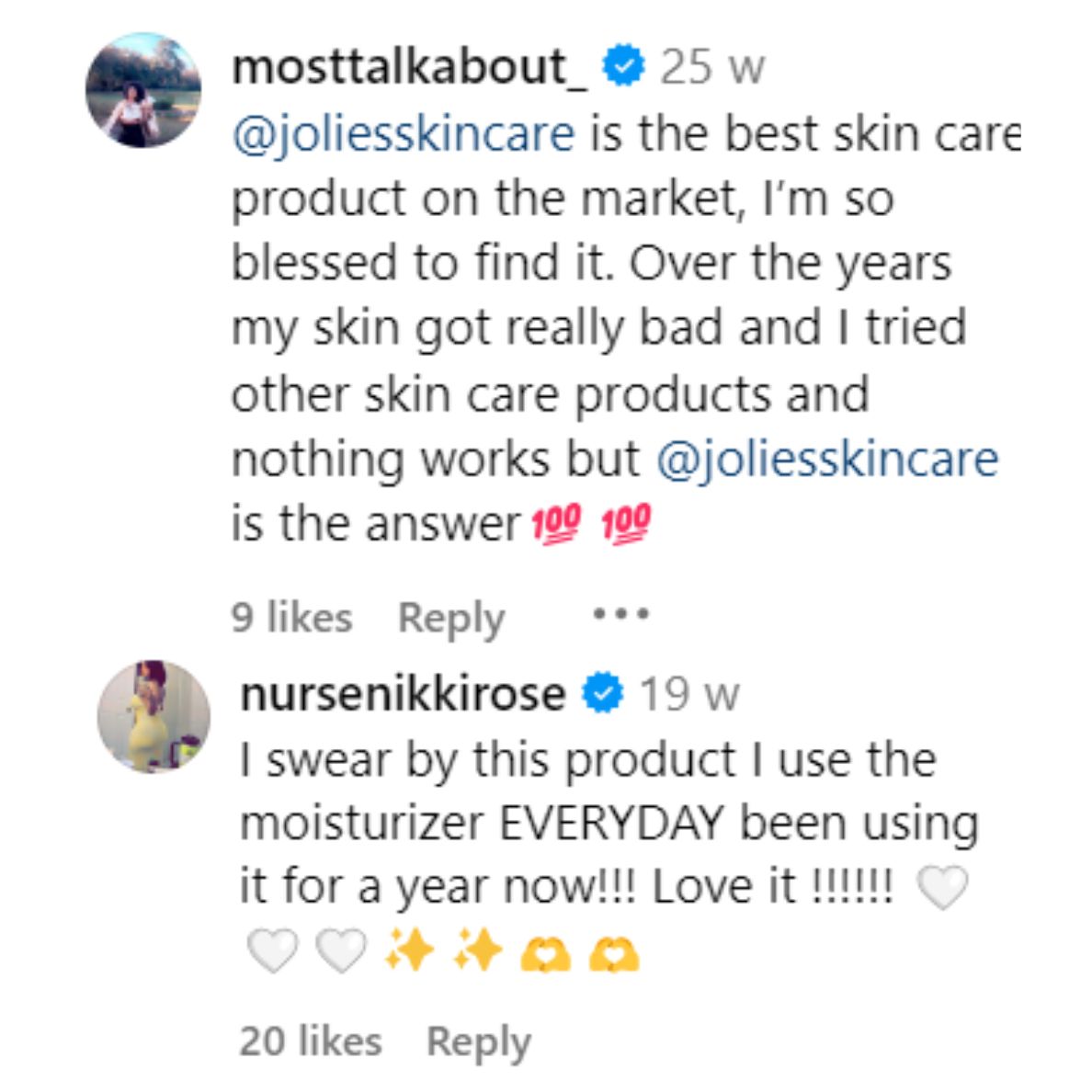 Two Instagram comments praising a skincare product, mentioning @joliesskincare.